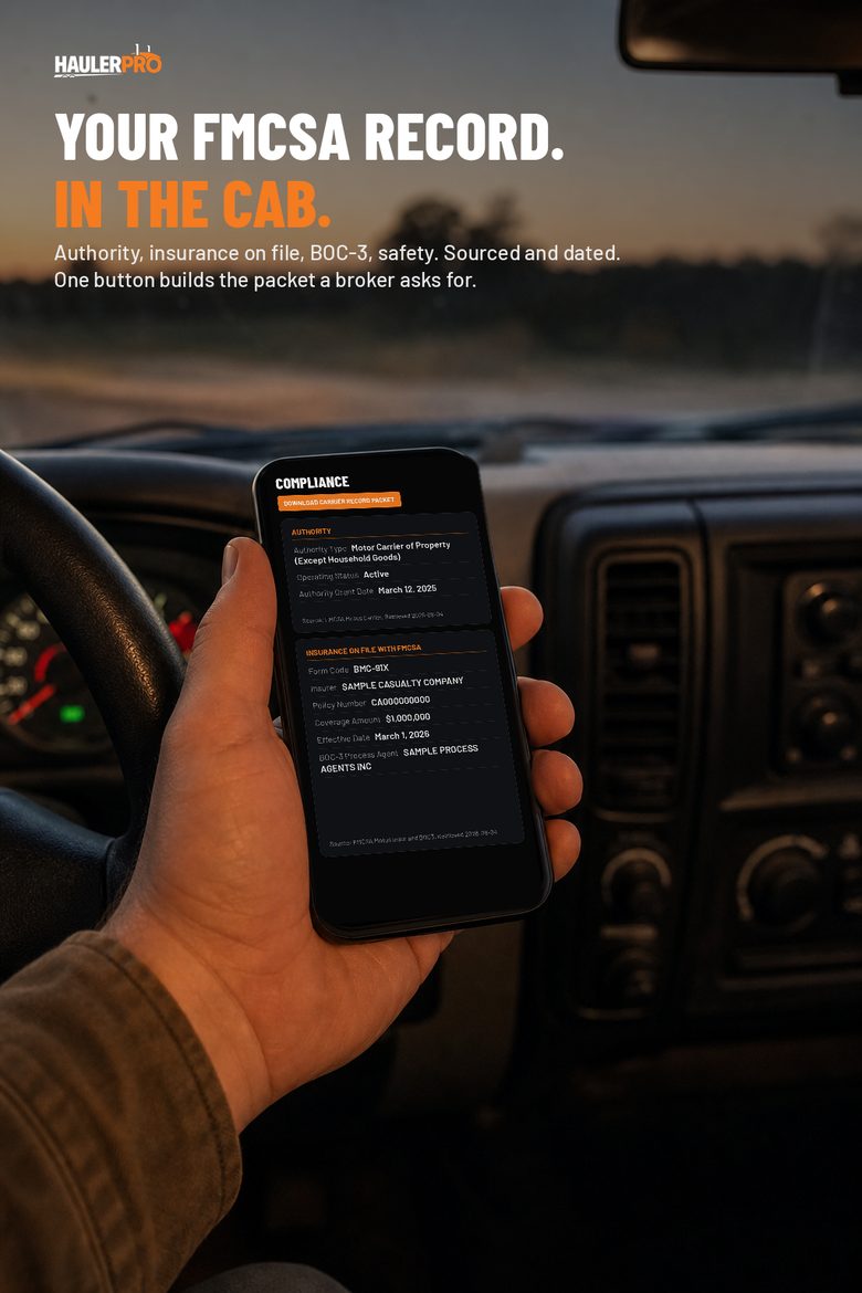 A carrier holding a phone in the cab with the HaulerPro Compliance page on screen
