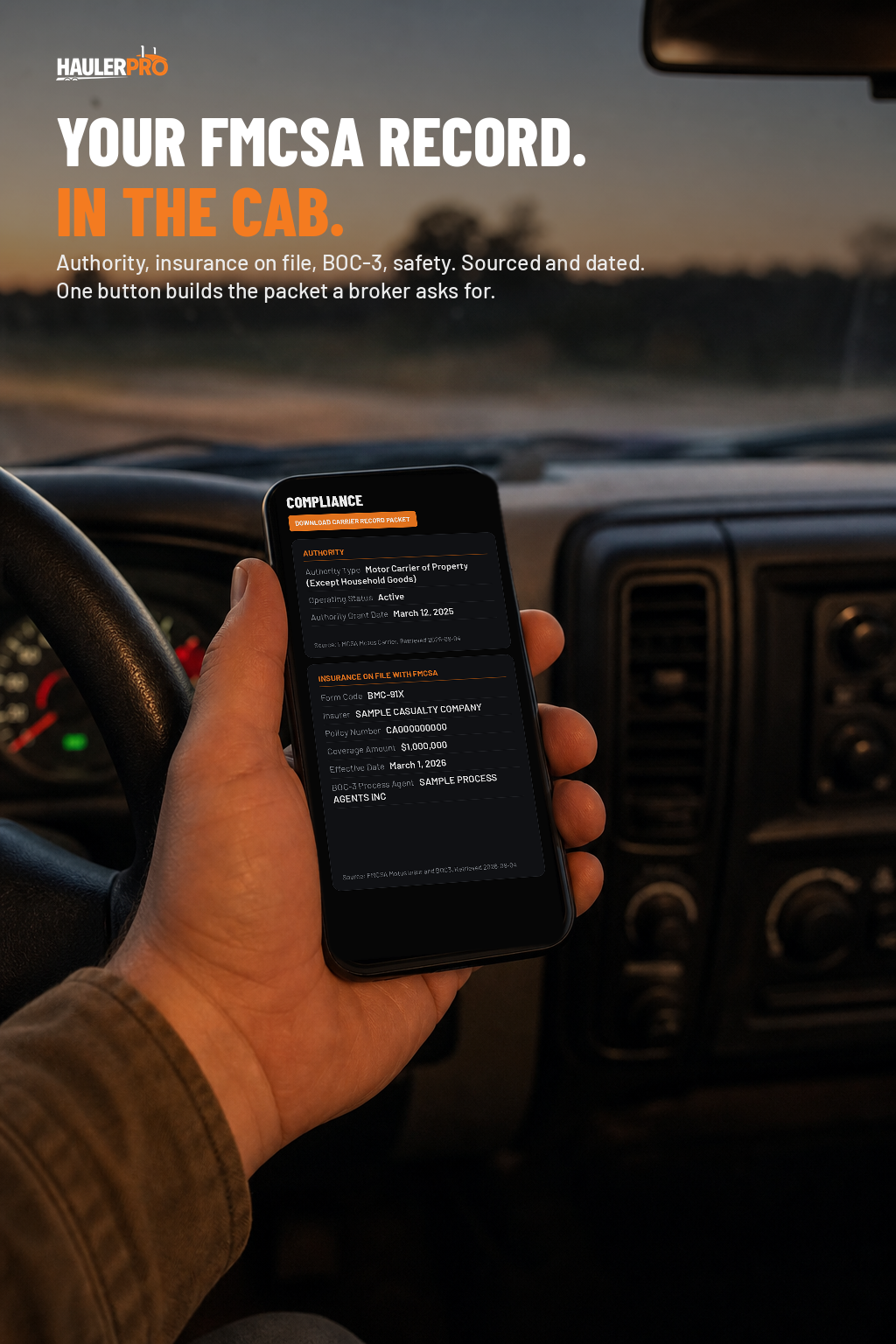A carrier holding a phone in the cab with the HaulerPro Compliance page on screen