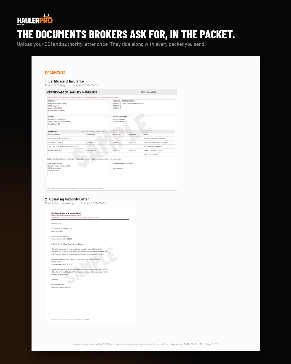 Page three of a Carrier Record Packet: a sample certificate of insurance and a sample authority letter