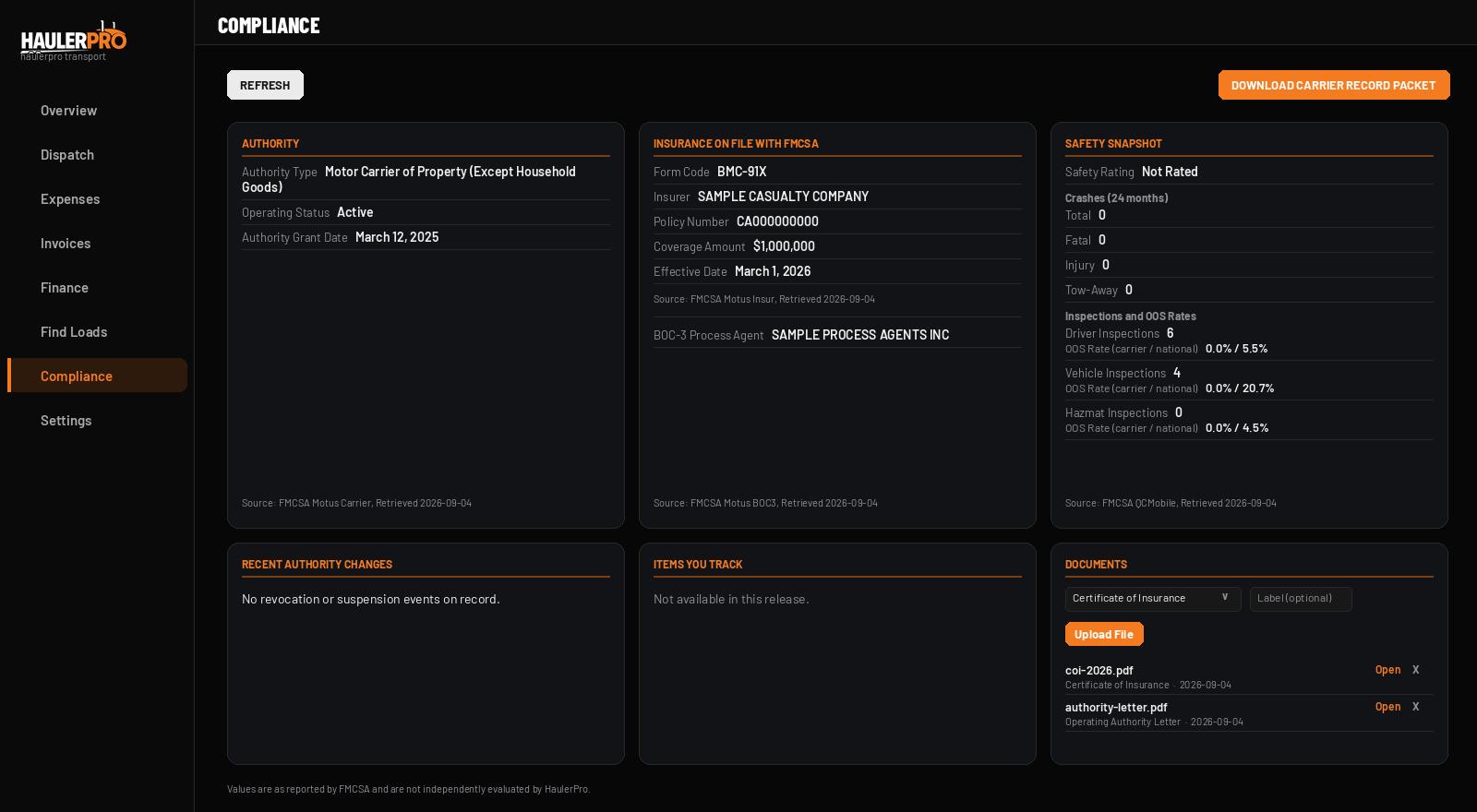 The HaulerPro Compliance page on desktop, showing Authority, Insurance on File with FMCSA, Safety Snapshot, Recent Authority Changes, Items You Track, and Documents cards